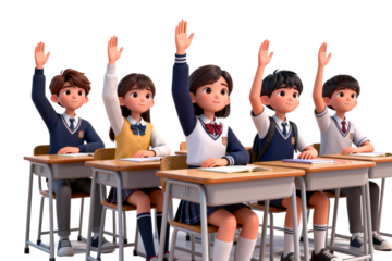 Group of cheerful students raising hands in classroom