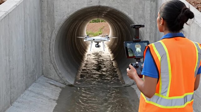 Drone Inspection of a Concrete Culvert by a Female Engineer.