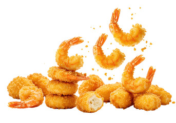 Crispy golden fried shrimp (tempura, popcorn) dynamically falling with motion blur on transparent with copy space, soft studio lighting, concept for food advertising