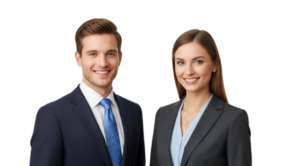 Smiling young professional business duo, a handsome Caucasian man in a navy suit and an elegant woman in a grey blazer, radiating confidence, isolated on transparent background.