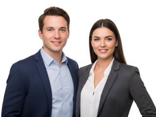 Smiling Young Business Colleagues in Professional Suits, a Confident Man and Woman Posing Together, Ideal for Corporate Branding, isolated on transparent background.