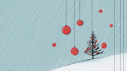 minimalist Christmas snow scene, white diagonal lines as snowfall, floating red baubles, black outline Christmas tree, soft blue gradient background, subtle glow