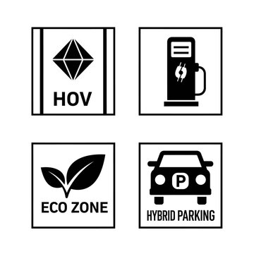 Set of four icons representing transportation and environmental zones.