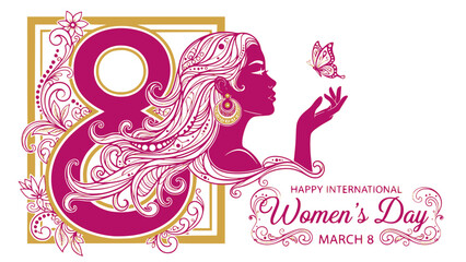 International Women's Day design. International Women's Day celebration poster or banner design with a woman and butterfly and text. Featuring beauty of a woman with freedom and serenity. SVG version.
