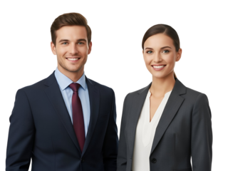 Smiling professional business man and woman in corporate attire, confidently portraying teamwork and partnership, isolated on transparent background.