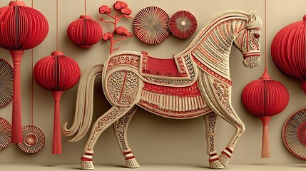 Ornate Red and Beige Wooden Horse with Lanterns and Decorative Circles for Lunar New Year Celebration