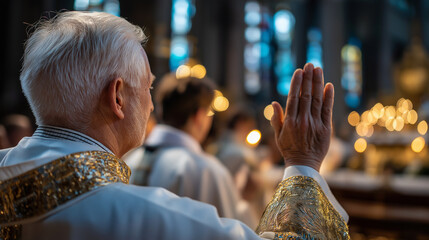 Religious leader delivering homily in cathedral, faceless ceremonial figure, sacred gathering scene, worship service atmosphere, spiritual leadership moment, with copy space