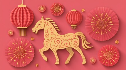 Colorful Chinese New Year Red Lanterns and Gold Paper Horse Decoration