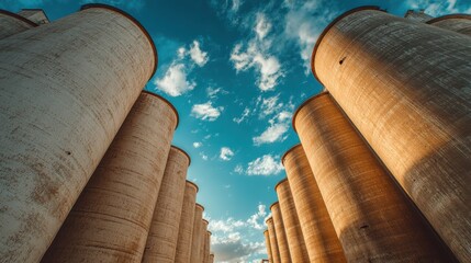 A dramatic view of towering silos against a vibrant sky, showcasing industrial architecture in a dynamic perspective.