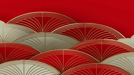 Elegant Gold and Red Geometric Pattern with Fan Shapes for Decorative Backgrounds