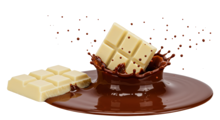 Whole and broken creamy white chocolate bars plunging into glossy molten dark chocolate with an explosive splash, isolated on white background, ample copy space. Luxurious dessert advertising concept