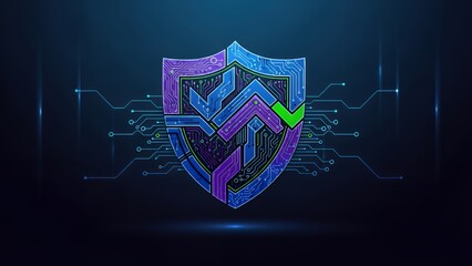 Digital shield with layered chevrons and circuitry in a dark blue environment from a frontal viewpoint