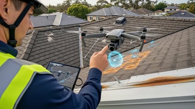 Technician uses drone and tablet for roof inspection and analysis.