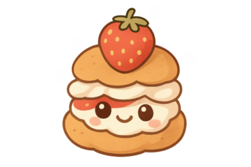 Kawaii strawberry shortcake dessert mascot smiling on transparent background