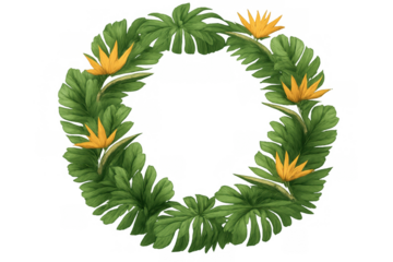 Tropical wreath creating a round frame with monstera leaves and bird of paradise flowers, transparent background