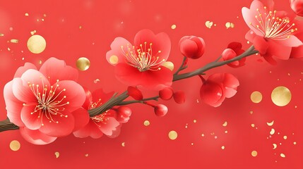 Elegant Red Cherry Blossom Branch with Gold Accents on Red Background