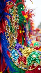 Close-up of vibrant, sequined carnival costume with colorful feathers and intricate beadwork
