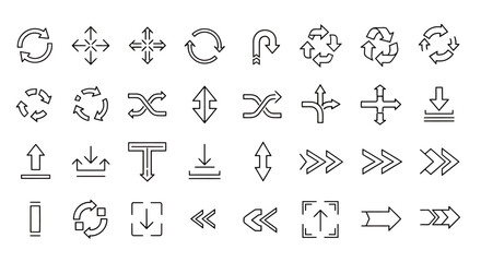 Fototapeta premium Set of various outlined arrow icons with different directions and styles on a white background.