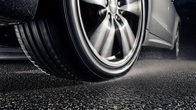 Close-up of a car tire on asphalt road, motion blur, vehicle detail.