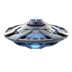 Futuristic silver UFO with blue lights on black background