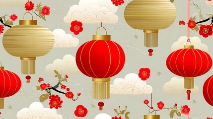 Decorative Red and Gold Chinese Lanterns Hanging in Sky with Cherry Blossoms and Clouds