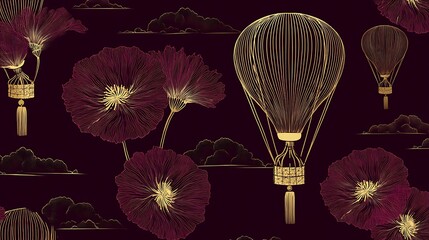 Elegant Golden Hot Air Balloons and Pink Flower Clouds on Dark Background
