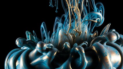 Abstract liquid ink splashing in a dark environment viewed from above