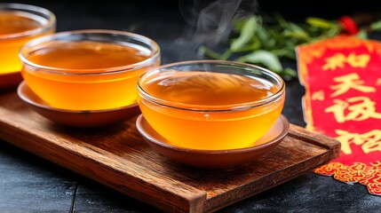 Three Glasses of Hot Tea on Wooden Tray with Green Leaves and Red Decorative Paper