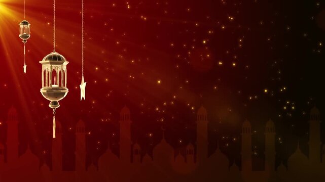 Luxury Red and Gold Ramadan Kareem Background with Hanging Lanterns, Stars, and Mosque Silhouette Loop