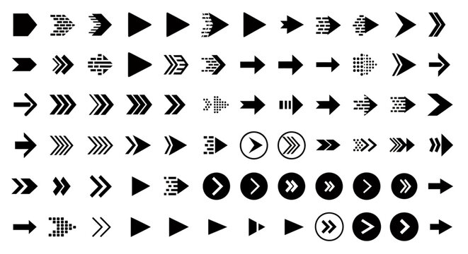 Collection of various black and white arrow icons in different styles and shapes.