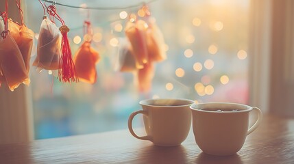 Morning Coffee Cups on Wooden Table with Hanging Decorative Sachets and Warm Sunlight