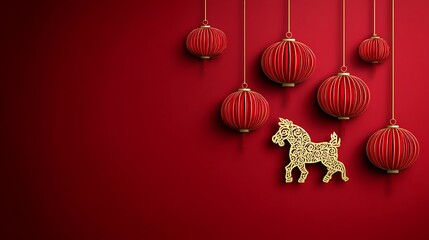 Red Chinese Lanterns and Gold Dog Ornament Hanging on Red Background for Lunar New Year Celebration