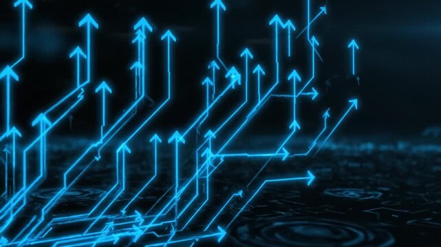 Glowing blue circuit arrows rising from dark reflective surface neon blue circuit technology data network growth motion reflective neon circuit blue glow futuristic interface digital grid holographic