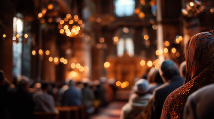 Obraz premium Defocused religious leaders conducting worship in historic synagogue, blurred ceremonial service, Jerusalem setting, faith community gathering, traditional religious architecture, 