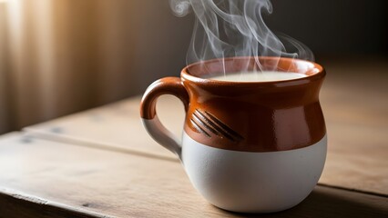Steaming hot beverage in a rustic clay mug on a wooden table, morning light