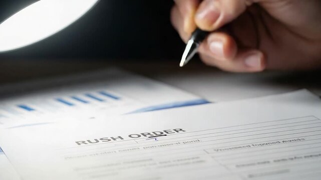 Close-up of a hand writing on a document with the words RUSH ORDER.