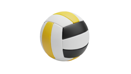 Volleyball with black, white, and yellow panels on a gray background