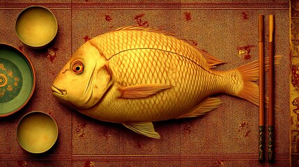 Goldfish on Traditional Mat with Bowls and Chopsticks in Asian Style Setting