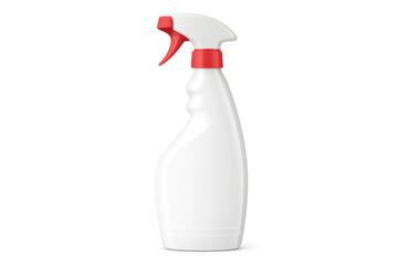 White plastic spray bottle with red trigger and cap, dispensing liquid cleaner for disinfecting and hygiene