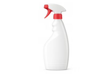 White plastic spray bottle with red trigger and cap, dispensing liquid cleaner for disinfecting and hygiene