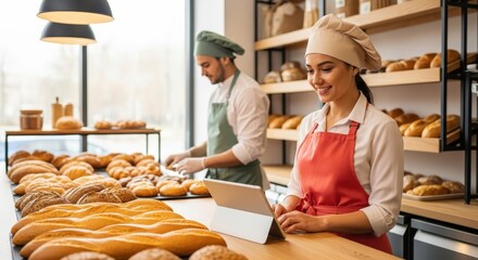 Happy bakers in a bustling bakery using a tablet to manage orders surrounded by fresh bread and pastries