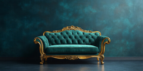Green Velvet Sofa on a dark green background. Green Gold Couch in royal style in the dark room	