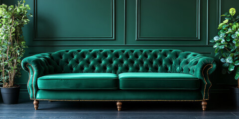 Green Velvet Sofa in the living room wth green wall 