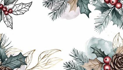 Premium abstract texture with gold micro-particles and festive holly branches on a white background