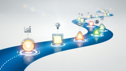 A winding blue path with icons representing business progress and innovation