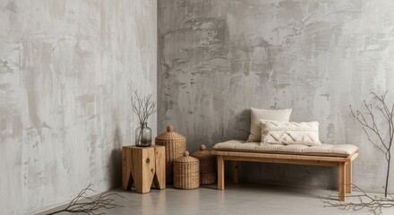 Serene minimalist interior featuring a wooden bench with textured cushions and decorative woven baskets beside a rough concrete wall
