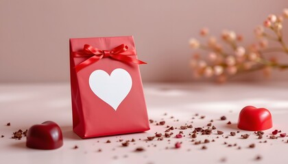 red pastel chocolate packaging mockup with subtle heart detail, minimalist design