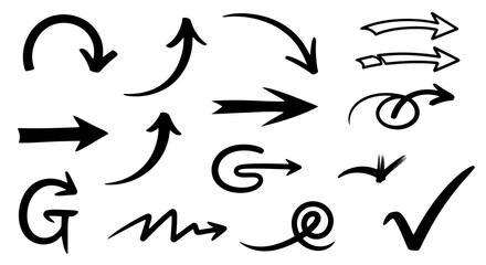 Obraz premium Hand drawn black arrows and check mark in various directions and styles on white background.