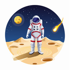 Fototapeta premium Astronaut explores the moonscape as shooting star streaks across the night sky in this modern, dynamic illustration of space travel and cosmic discovery