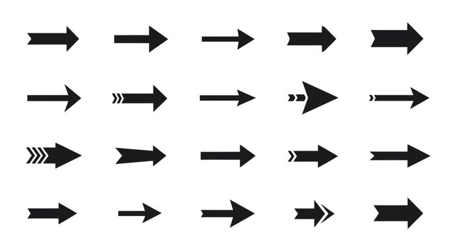 Collection of different black arrow icons in various styles on a white background.